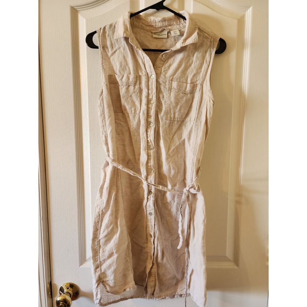 Adrienne Vittadini Womens 100% Linen Sleeveless Shirt Dress Beige Oatmeal Size 8